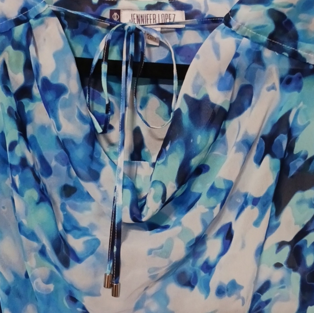 Jennifer Lopez Blue Sheer Blouse string tie Silver Buttons on Sleep - Picture 4 of 11